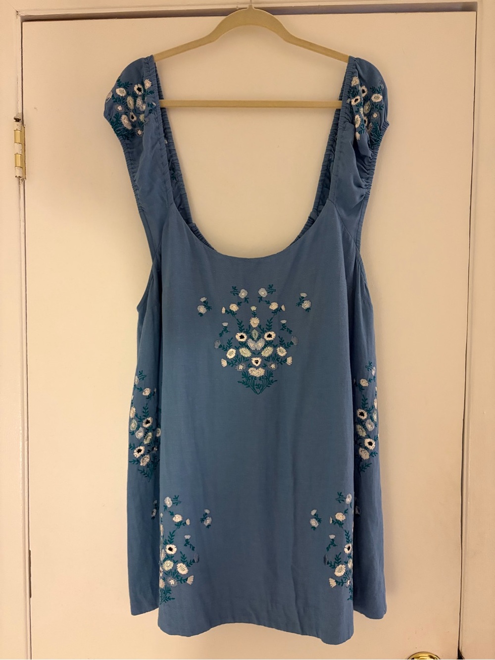 Free People Dusty Blue Embroidered Floral Tank